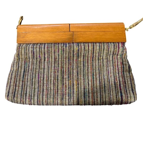 Saddle River Vintage Wooden Frame Multicolor Fabric Bag 80s Detachable Strap - Picture 2 of 6